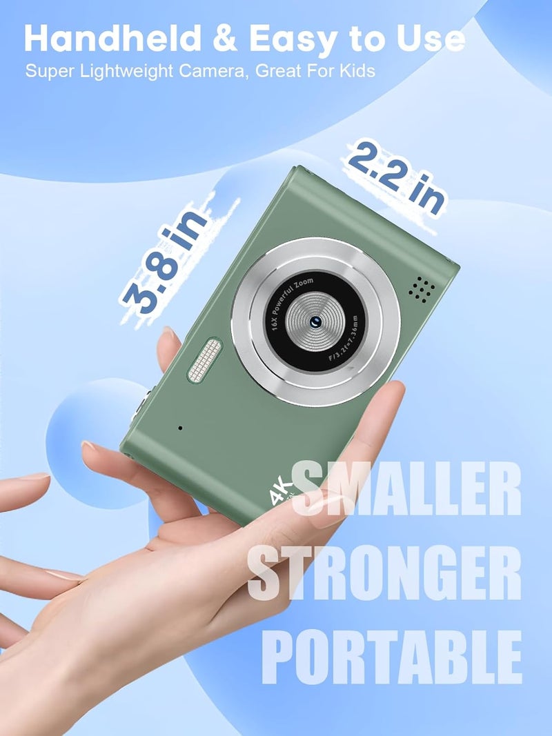 BEARBISU Digital Camera, 44MP Full HD 1080P Point and Shoot Camera with 64GB Card, Anti Shake 16X Zoom Compact Volg Cameras, Portable Small Camara Gift for Kids, Ages Teen Girl Boy - Green - Image 3